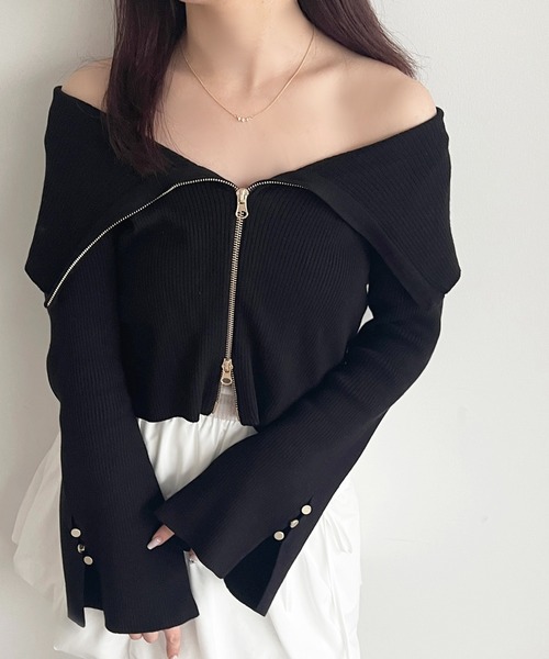 apres jour(アプレジュール)の「ダブルジップオフショルトップス(Tシャツ/カットソー・レディース・ライトブルー/ブラック/アイボリー・X-LARGE/フリー)」の1枚目の写真