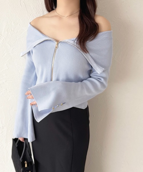 apres jour(アプレジュール)の「ダブルジップオフショルトップス(Tシャツ/カットソー・レディース・ライトブルー/ブラック/アイボリー・X-LARGE/フリー)」の11枚目の写真