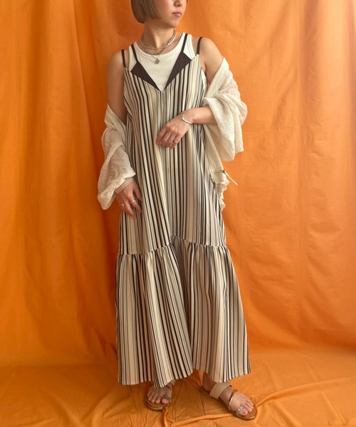 LHELBIE（レルビエ）の「ストライプキャミワンピース（ワンピース・レディース・ブラック/ライトベージュ/レッド・M）」の4枚目の写真