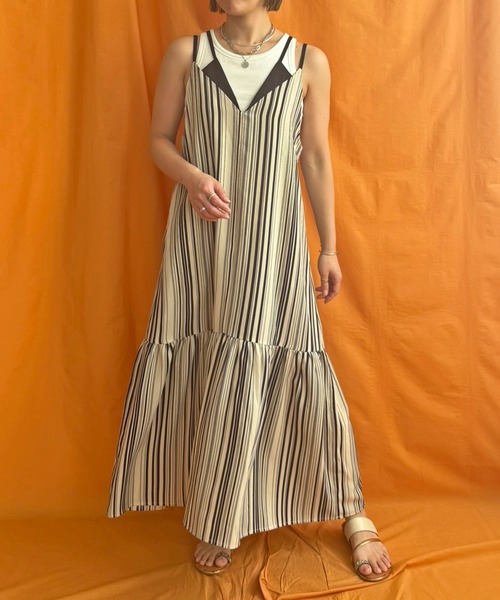 LHELBIE（レルビエ）の「ストライプキャミワンピース（ワンピース・レディース・ブラック/ライトベージュ/レッド・M）」の6枚目の写真