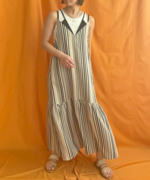 LHELBIE（レルビエ）の「ストライプキャミワンピース（ワンピース・レディース・ブラック/ライトベージュ/レッド・M）」の9枚目の写真