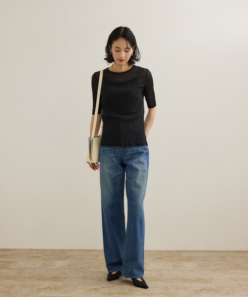 ROPE'（ロペ）の「シアーフライス5分袖プルオーバー（Tシャツ/カットソー・レディース・ホワイト/ブラック・FREE）」の4枚目の写真