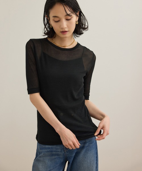 ROPE'（ロペ）の「シアーフライス5分袖プルオーバー（Tシャツ/カットソー・レディース・ホワイト/ブラック・FREE）」の5枚目の写真