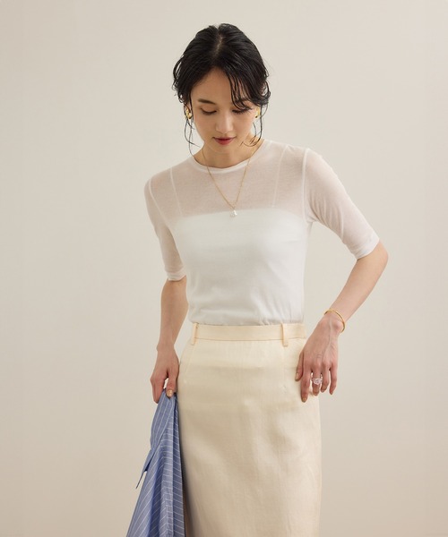 ROPE'（ロペ）の「シアーフライス5分袖プルオーバー（Tシャツ/カットソー・レディース・ホワイト/ブラック・FREE）」の6枚目の写真