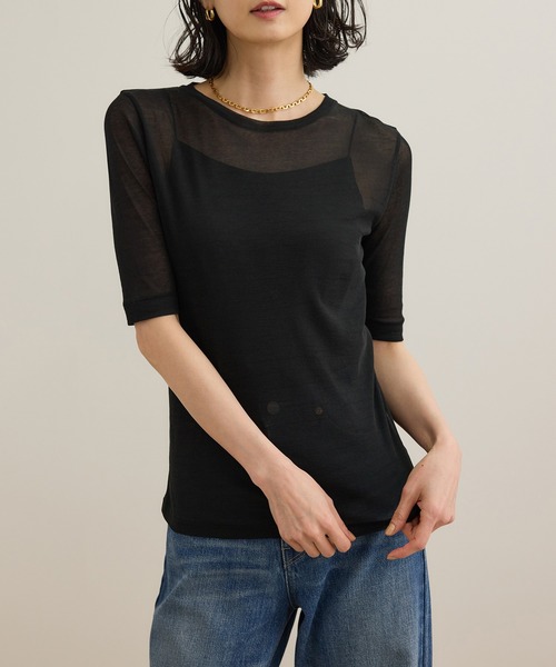 ROPE'（ロペ）の「シアーフライス5分袖プルオーバー（Tシャツ/カットソー・レディース・ホワイト/ブラック・FREE）」の9枚目の写真