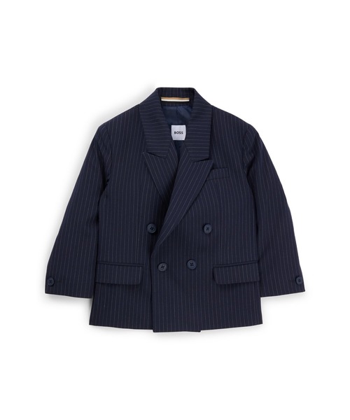 BOSS(ボス)の「キッズ ストライプ ストレッチド ダブルブレスト スーツジャケット(テーラードジャケット・キッズ・ダークブルー・150/140/125/114)」の1枚目の写真