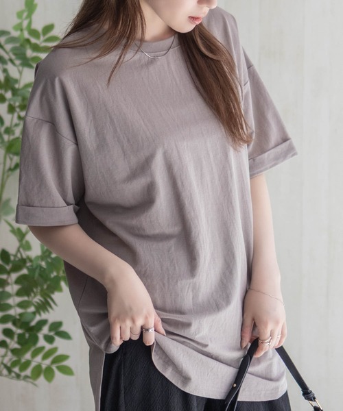 NAVY(ネイビー)の「NAVY SARARI チュニック丈Tシャツ【接触冷感】(Tシャツ/カットソー・レディース・ベージュ/ブラック/ホワイト/ブルーグリーン・M/L)」の3枚目の写真