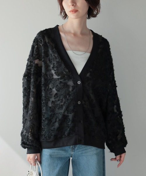 each（イーチ）の「ジャガードシアーVネックカーディガン（カーディガン/ボレロ・レディース・グレー/ブラック/ホワイト・FREE）」の6枚目の写真