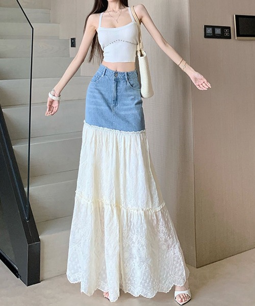 GLAMOROUS JANE（グラマラスジェーン）の「デニム×レース切替ロングスカート（デニムスカート・レディース・ブルー・S/M）」の11枚目の写真