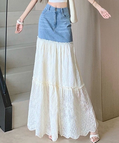 GLAMOROUS JANE（グラマラスジェーン）の「デニム×レース切替ロングスカート（デニムスカート・レディース・ブルー・S/M）」の9枚目の写真