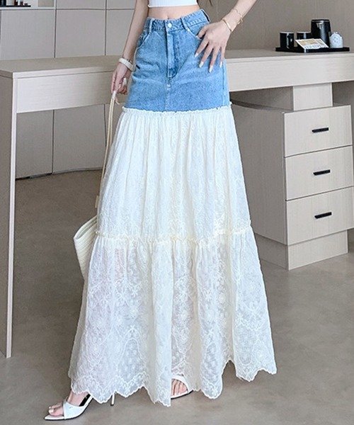 GLAMOROUS JANE（グラマラスジェーン）の「デニム×レース切替ロングスカート（デニムスカート・レディース・ブルー・S/M）」の10枚目の写真