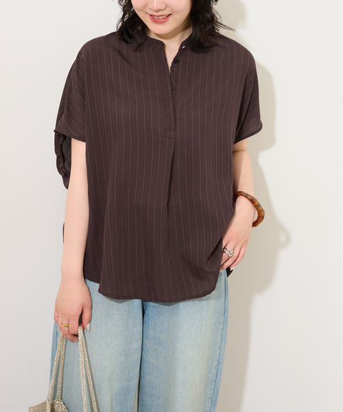 JOURNAL STANDARD relume（ジャーナルスタンダード　レリューム）の「《WEB限定追加》N/Rダブルストライプブラウス（シャツ/ブラウス・レディース・ブラウン/ネイビー・FREE）」の7枚目の写真