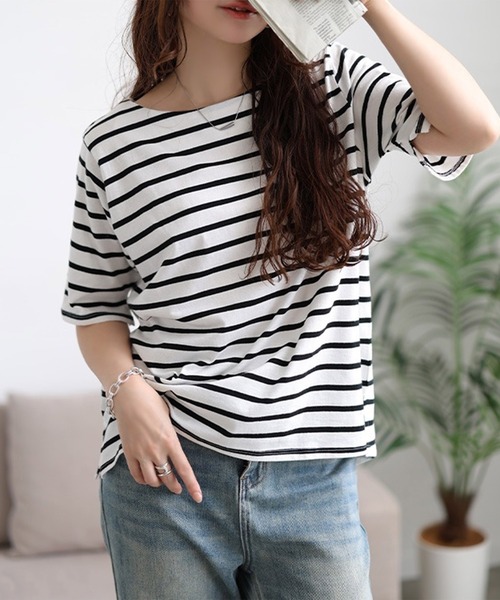 GOLDJAPAN(ゴールドジャパン)の「ボートネックコットンボーダーTシャツ【大きいサイズ対応】(Tシャツ/カットソー・レディース・オフホワイト/ブラック・LL/3L/4L)」の2枚目の写真
