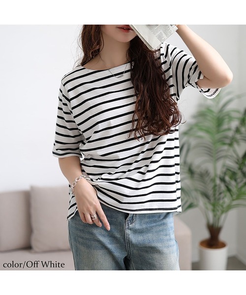 GOLDJAPAN(ゴールドジャパン)の「ボートネックコットンボーダーTシャツ【大きいサイズ対応】(Tシャツ/カットソー・レディース・オフホワイト/ブラック・LL/3L/4L)」の8枚目の写真