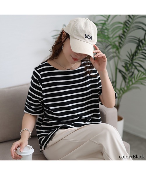 GOLDJAPAN(ゴールドジャパン)の「ボートネックコットンボーダーTシャツ【大きいサイズ対応】(Tシャツ/カットソー・レディース・オフホワイト/ブラック・LL/3L/4L)」の12枚目の写真