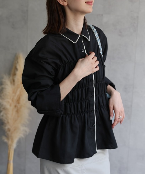 美品　BRIEFING ブラック 長袖シャツ M セール】シャーリングビスチェ風 ビックカフスシャツ/長袖