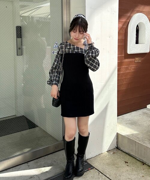 continuer de NICE CLAUP（コンティニューデナイスクラップ）の「【あゆな@ayupi.06セレクト】ドッキングワンショルミニワンピース（ワンピース・レディース・ブラウン/ブラック・FREE）」の14枚目の写真