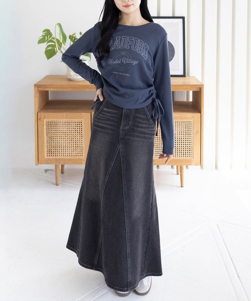 clear（クリア）の「カレッジロゴプリントドロスト長袖カットソー［韓国ファッション カジュアル］≪AW新作≫（Tシャツ/カットソー・レディース・ネイビー/モカ/アイボリー・F）」の5枚目の写真