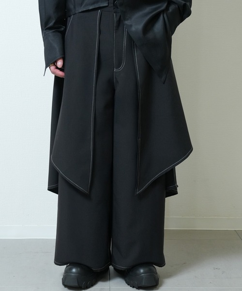 セール】Irregular cut white stitch wide pants / イレギュラーカット