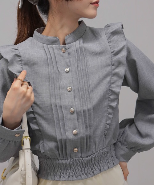 セール】ツィード風 ピンタックフリル 長袖 クロップド丈 ブラウス