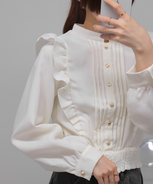 セール】ツィード風 ピンタックフリル 長袖 クロップド丈 ブラウス
