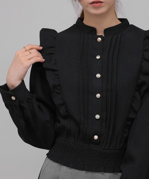 セール】ツィード風 ピンタックフリル 長袖 クロップド丈 ブラウス
