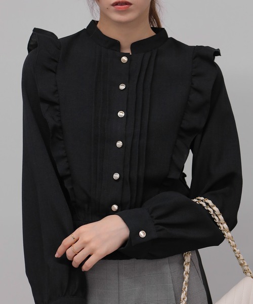 セール】ツィード風 ピンタックフリル 長袖 クロップド丈 ブラウス