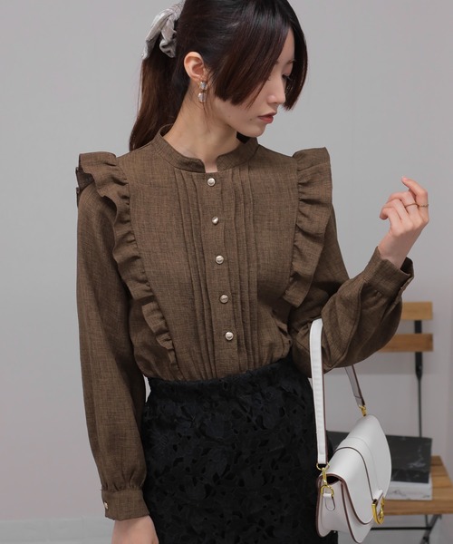 セール】ツィード風 ピンタックフリル 長袖 クロップド丈 ブラウス