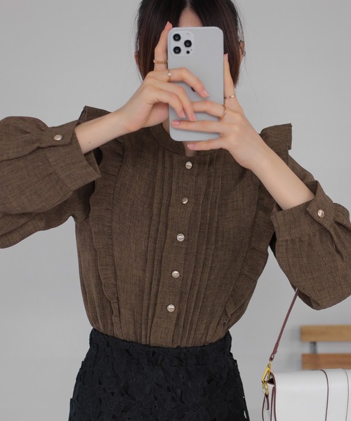 セール】ツィード風 ピンタックフリル 長袖 クロップド丈 ブラウス