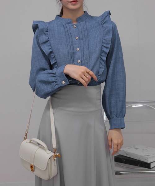 セール】ツィード風 ピンタックフリル 長袖 クロップド丈 ブラウス