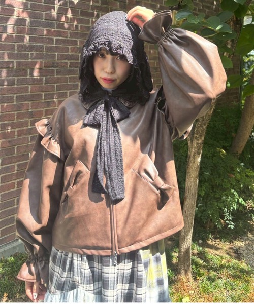 Candy Stripper（キャンディストリッパー）の「RIBBON ＆ PUFF LEATHER ジャケット（ライダースジャケット・レディース・ブラウン/ブラック・FREE）」の3枚目の写真