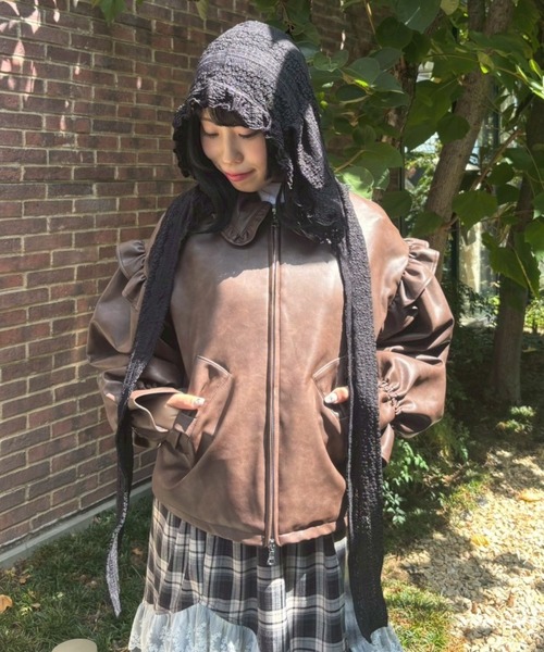 Candy Stripper（キャンディストリッパー）の「RIBBON ＆ PUFF LEATHER ジャケット（ライダースジャケット・レディース・ブラウン/ブラック・FREE）」の4枚目の写真