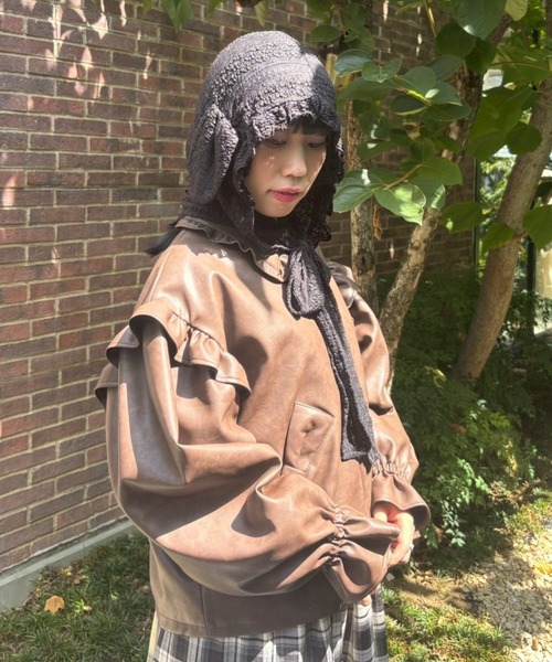 Candy Stripper（キャンディストリッパー）の「RIBBON ＆ PUFF LEATHER ジャケット（ライダースジャケット・レディース・ブラウン/ブラック・FREE）」の5枚目の写真