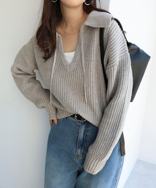 andme(アンドミー)の「ボリューム袖スキッパーニットトップス(ニット/セーター・レディース・ベージュ/チャコールグレー/杢グレー・FREE)」の4枚目の写真