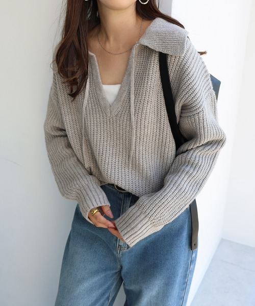 andme(アンドミー)の「ボリューム袖スキッパーニットトップス(ニット/セーター・レディース・ベージュ/チャコールグレー/杢グレー・FREE)」の11枚目の写真