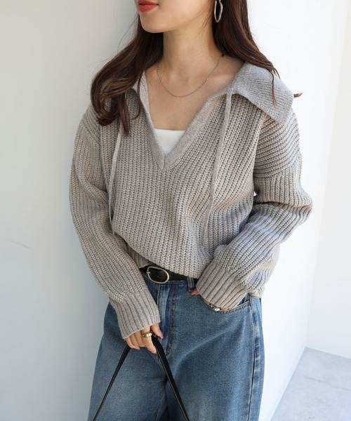 andme(アンドミー)の「ボリューム袖スキッパーニットトップス(ニット/セーター・レディース・ベージュ/チャコールグレー/杢グレー・FREE)」の13枚目の写真