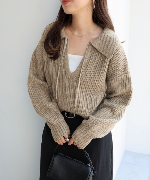 andme(アンドミー)の「ボリューム袖スキッパーニットトップス(ニット/セーター・レディース・ベージュ/チャコールグレー/杢グレー・FREE)」の14枚目の写真