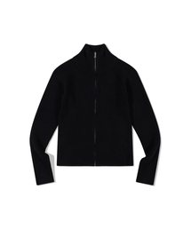 Ribbed Mock Neck Zip-Up (BLACK)