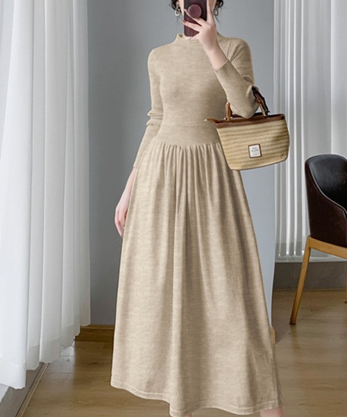 セール】モックネック フレア ニットワンピース ロング丈 冬 きれいめ
