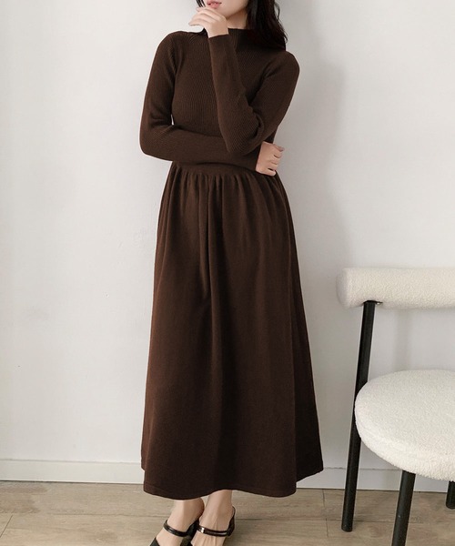 セール】モックネック フレア ニットワンピース ロング丈 冬 きれいめ