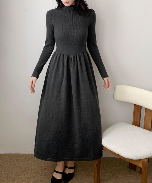 モックネック フレア ニットワンピース ロング丈 冬 きれいめ 秋冬