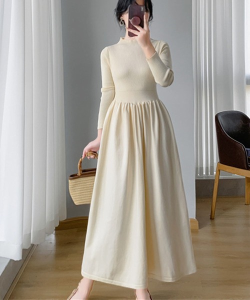 モックネック フレア ニットワンピース ロング丈 冬 きれいめ 秋冬