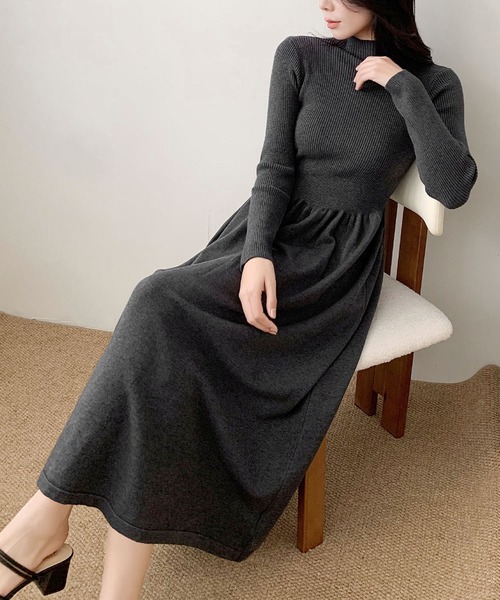 セール】モックネック フレア ニットワンピース ロング丈 冬 きれいめ