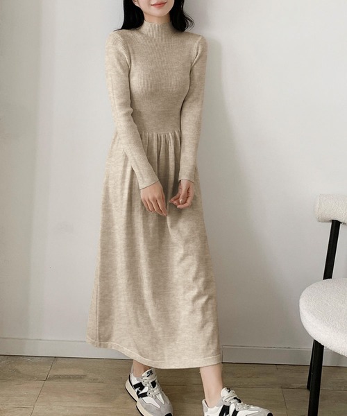 セール】モックネック フレア ニットワンピース ロング丈 冬 きれいめ