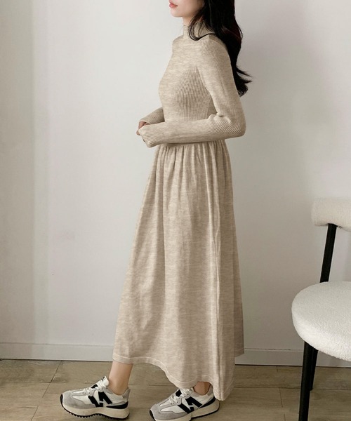 モックネック フレア ニットワンピース ロング丈 冬 きれいめ 秋冬