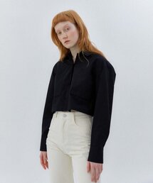 バックリボンポイントクロップコットンシャツ - ブラック