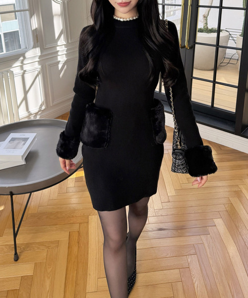 ファーポケットミニドレス セール】ファーポケットハイネックニットタイトミニワンピース