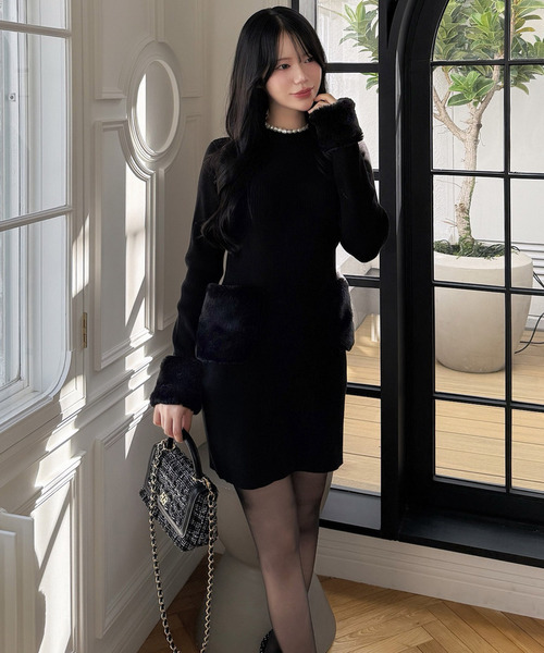 ファーポケットミニドレス セール】ファーポケットハイネックニットタイトミニワンピース