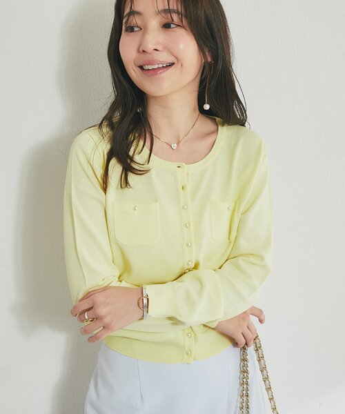 La boutique BonBon（ラブティックボンボン）の「【シリーズ累計お気に入り数1.5万突破！接触冷感・UVカット】クールタッチUVパール釦カーディガン（カーディガン/ボレロ・レディース・ピンク/ネイビー/ホワイト/イエロー・FREE）」の3枚目の写真
