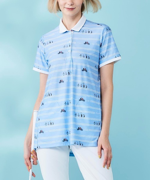 Picone CLUB（ピッコーネクラブ）の「ボーダー柄UVチュニック丈ポロシャツ（ポロシャツ・レディース・ブルー/ホワイト×ブラック/ブラック/ホワイト×グリーン・9号/13号/11号）」の14枚目の写真